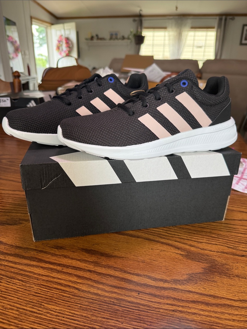 adidas Womans Lite Racer Black Sneakers with Light Pink Stripes